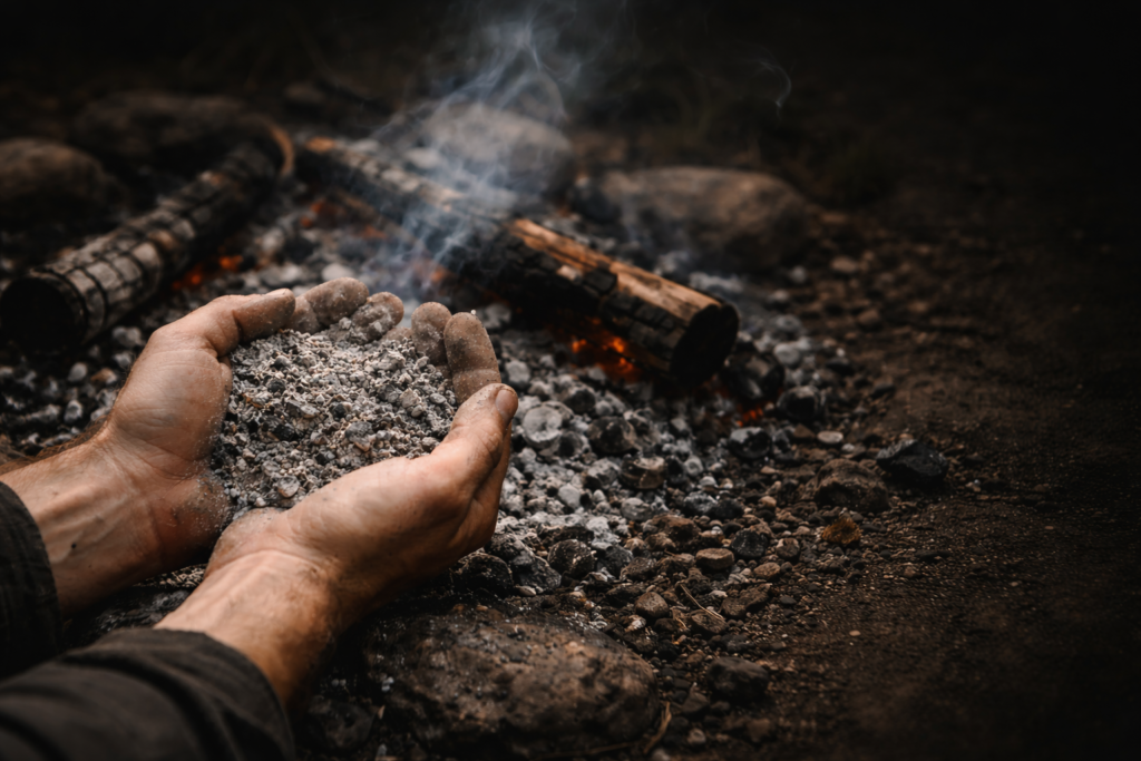 A man’s hands holding ashes beside the fading embers of a fire.